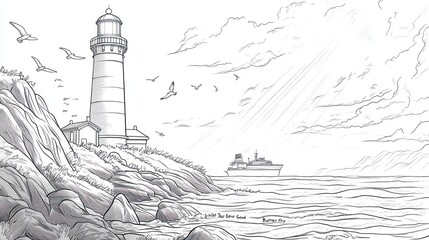 Fototapeta premium Coastal Lighthouse Scene at Dawn, Artwork