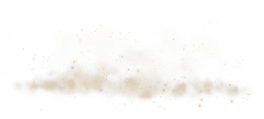 Magic golden smoke with glitter and small particles of twinkling stars. Fog with luminous particles. Yellow vapor with stardust. Morning fog over land or water surface, magic haze. Fog or smoke. PNG.