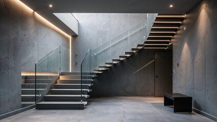 A modern, minimalist staircase bathed in soft light, ascending elegantly through a sleek, concrete interior.