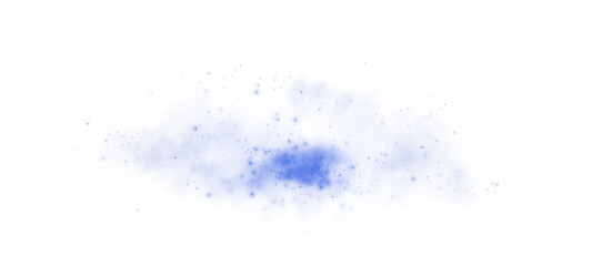 Magic blue smoke with glitter and small particles of twinkling stars. Fog with luminous particles. Blue vapor with stardust. Morning fog over land or water surface, magic haze. Fog or smoke. PNG.