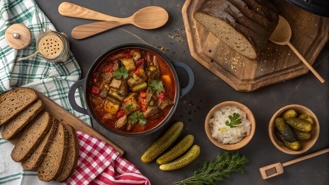 Delicious bigus feast viewed from above featuring a variety of dishes served on a rustic table