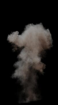 Realistic high resolution ground explosion rendering with fire and smoke plume. Full frame 3D animation fireball detonation and combustion on black background with alpha channel. Cgi vfx plate shot.