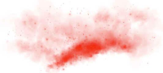 Magic red smoke with glitter and small particles of twinkling stars. Fog with luminous particles. Red vapor with stardust. Morning fog over land or water surface, magic haze. Fog or smoke. PNG.