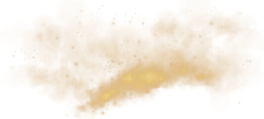 Magic golden smoke with glitter and small particles of twinkling stars. Fog with luminous particles. Yellow vapor with stardust. Morning fog over land or water surface, magic haze. Fog or smoke. PNG