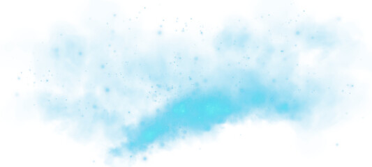 Magic blue smoke with glitter and small particles of twinkling stars. Fog with luminous particles. Blue vapor with stardust. Morning fog over land or water surface, magic haze. Fog or smoke. PNG.