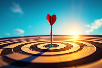 Red heart-shaped dart hitting the center of a target board.