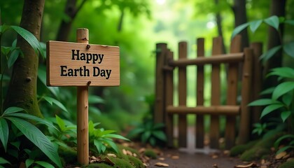 Happy Earth Day on wooden signpost on a natural bamboo on jungle gate with jungle background created with generative ai.