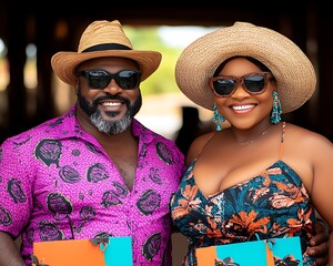 Happy African American couple smiling, wearing hats and sunglasses.
