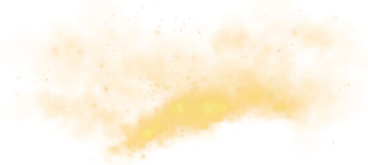 Magic yellow smoke with glitter and small particles of twinkling stars. Fog with luminous particles. Yellow vapor with stardust. Morning fog over land or water surface, magic haze. Fog or smoke. PNG.