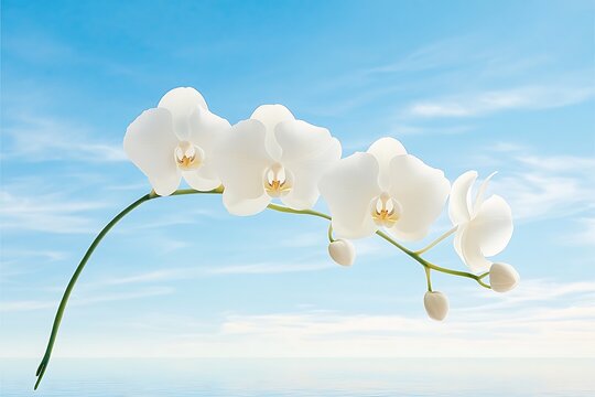 White Orchids Bloom Against Blue Sky.