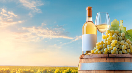 Fototapeta premium A bottle of white wine and a glass sit atop a wooden barrel, accompanied by fresh grapes. The background showcases a picturesque vineyard under a colorful sunset sky