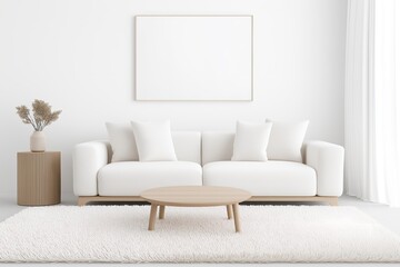 Modern Minimalist Living Room with Fluffy White Carpet, Mid-Century Furniture, Beige and White Color Palette, Large Windows, Natural Light Interior, Contemporary Home Design, Stylish Interior Decor