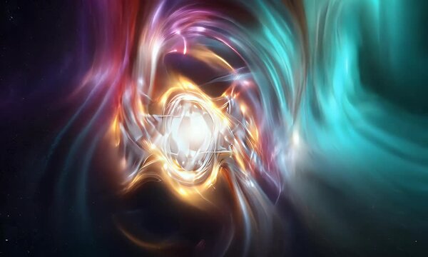 glowing nebula stretching across deep space, with galaxies bending and twisting around a mysterious temporal rift in ultra-HD 4k astrophysical animation