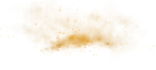 Magic golden smoke with glitter and small particles of twinkling stars. Fog with luminous particles. Yellow vapor with stardust. Morning fog over land or water surface, magic haze. Fog or smoke. PNG
