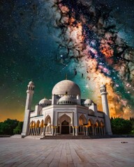 Naklejka premium Stunning Mosque Under a Vibrant Night Sky with Milky Way Display