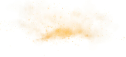 Magic yellow smoke with glitter and small particles of twinkling stars. Fog with luminous particles. Yellow vapor with stardust. Morning fog over land or water surface, magic haze. Fog or smoke. PNG.