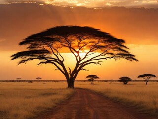 Obraz premium Scenic African Savannah Sunset with Acacia Tree on Dusty Road