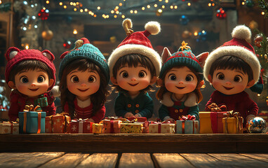 Festive Children in Holiday Costumes Wrapping Gifts  
