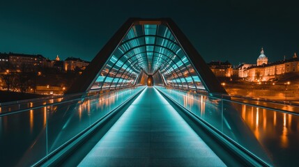 Obraz premium The illuminated glass bridge extends towards a distant cityscape at night