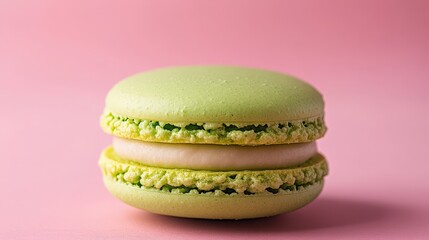 Stack of vibrant green macaroons on a soft pink backdrop. A sweet, colorful treat!