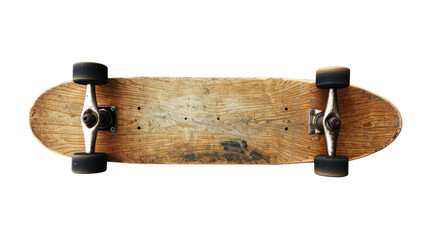 Skateboard's weathered: Top-down view of a weathered skateboard with wooden deck, its wheels and trucks set against a neutral background, conveying a sense of classic skateboarding style.