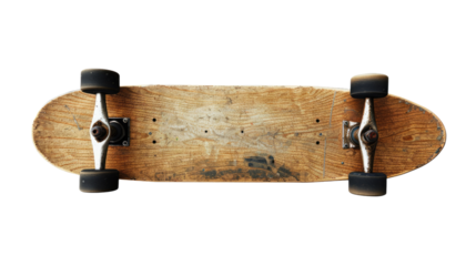 Skateboard's weathered: Top-down view of a weathered skateboard with wooden deck, its wheels and trucks set against a neutral background, conveying a sense of classic skateboarding style.