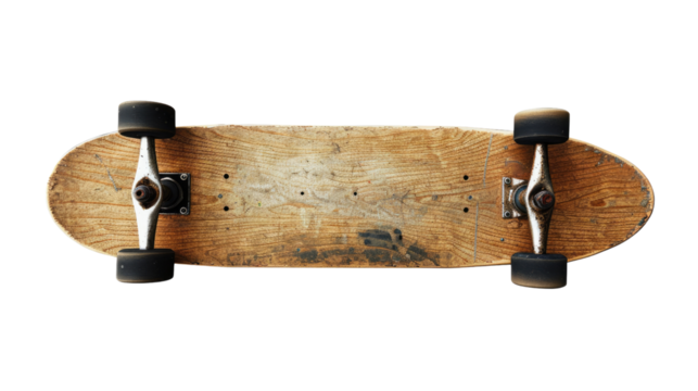 Skateboard's weathered: Top-down view of a weathered skateboard with wooden deck, its wheels and trucks set against a neutral background, conveying a sense of classic skateboarding style.