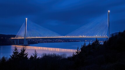 Obraz premium A dramatic suspension bridge spanning the water at twilight hours