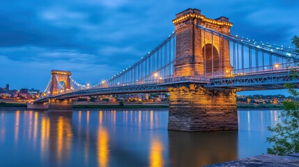 Fototapeta premium A suspension bridge illuminated with lights over reflective water at dusk