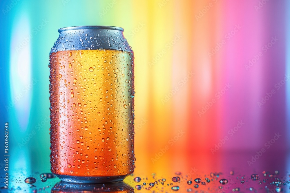 Poster colorful soda can with condensation set against vibrant background and reflections at evening