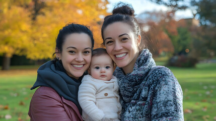 Happy Gay Couple with Baby Daughter in Park