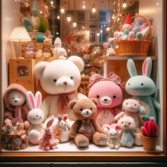 Obraz premium A beautifully arranged toy store window showcasing an assortment of fluffy stuffed animals in pastel colors. Some are wearing tiny scarves, while others hold little hearts. The window has twinkling fa
