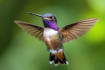 Fototapeta premium Hummingbird Flying with Wings Open Against a Blurred Green Background
