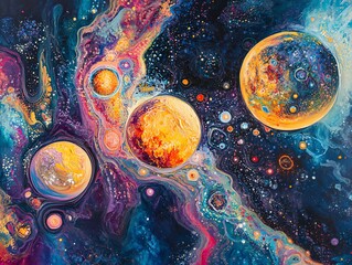 Colorful abstract space with planets and stars.