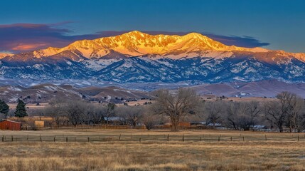 Fototapeta premium Beautiful mountains with snow and farm land at sunset