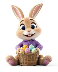 Cute cartoon rabbit with colorful eggs in a basket isolated on white