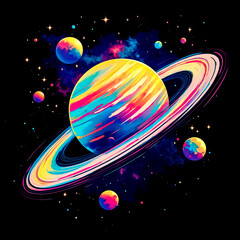 A colorful illustration of a saturn with planets in the background
