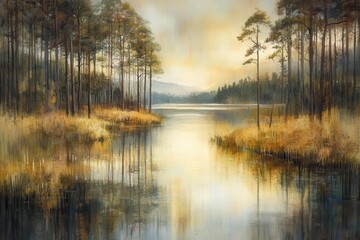 Serene Autumn Lake Golden Hour Reflections in Scottish Highlands.