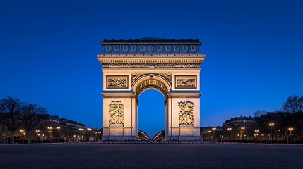 Fototapeta premium Iconic Parisian landmark at twilight. Illuminated triumphal arch, serene ambiance