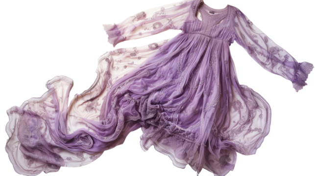 Flowing Lavender Gown: A romantic shot of a flowing lavender gown with delicate floral patterns, suggesting graceful movement and ethereal beauty.