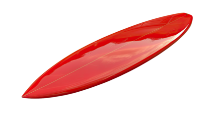 Vibrant Red Surfboard: A glossy red surfboard gleams invitingly, ready to carve through ocean waves, embodying the thrill of watersports and coastal living.
