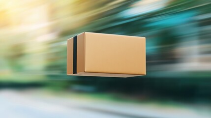 A floating cardboard box in motion against a blurred background, suggesting speed and delivery.