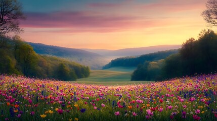 Obraz premium Expansive field of colorful flowers with majestic mountains in the background creating a scenic view