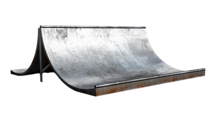Ramp Ready: A close-up shot of a modern skateboard ramp, designed with a curved, galvanized metal surface and a sturdy metal frame, perfect for action sports enthusiasts.