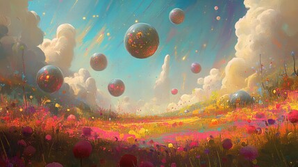 Dreamlike landscape with floating orbs, colorful flowers, & ethereal clouds