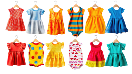 Dresses in Vogue: A captivating array of colorful baby dresses, each delicately suspended on hangers, creating a visual feast of style and fashion.