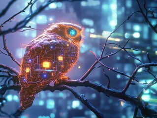 A cybernetic owl perched in a glowing cityscape.