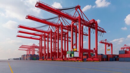 A modern shipping yard with towering red cranes, surrounded by colorful cargo containers, under a clear blue sky.