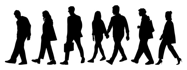 Silhouettes of diverse business people walking side view. Modern men, women, couple in smart casual outfits, with bag, phone. Vector black monochrome illustrations isolated	