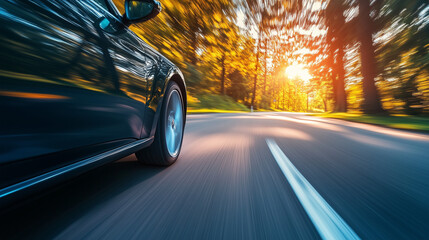 Modern car cruising on an open road, embodying sleek design and freedom in motion.